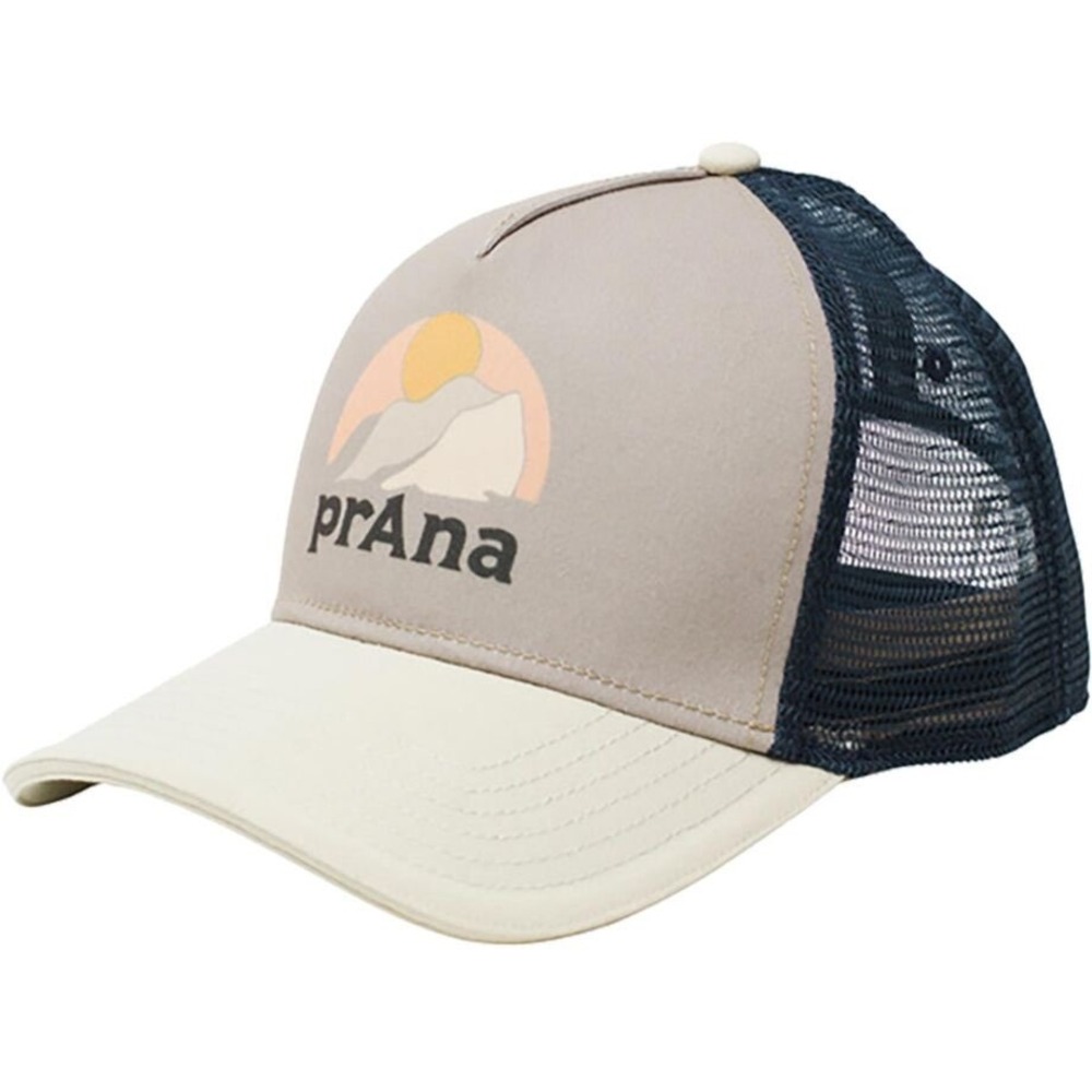 PrAna Lower Pines Flat Brim Trucker Hat Cliffside Boulder Tan Navy 1973071 NWT